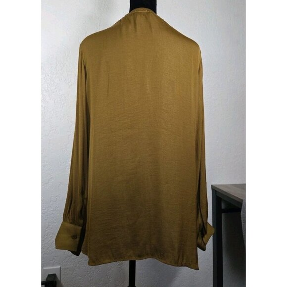 Catherine Malandrino size Large Olive Long Sleeve Blouse Bronze Studded Satin - Picture 4 of 8